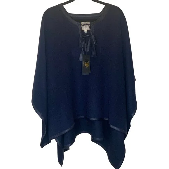 Stick & Ball Navy Blue Baby Alpaca Lambskin Leather Trimmed Poncho NWT $425.00 - Picture 15 of 15